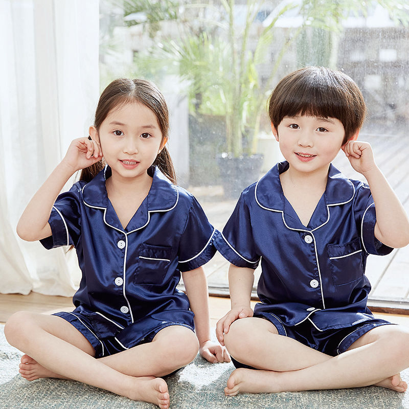 Cô gái Pijama lụa thiết lập mùa hè mới Lụa băng nút ngắn tay Bộ đồ ngủ bé trai bé nhà quần áo Quà tặng trẻ em 3 4 5 6 7 8 9 10 11 12 tuổi