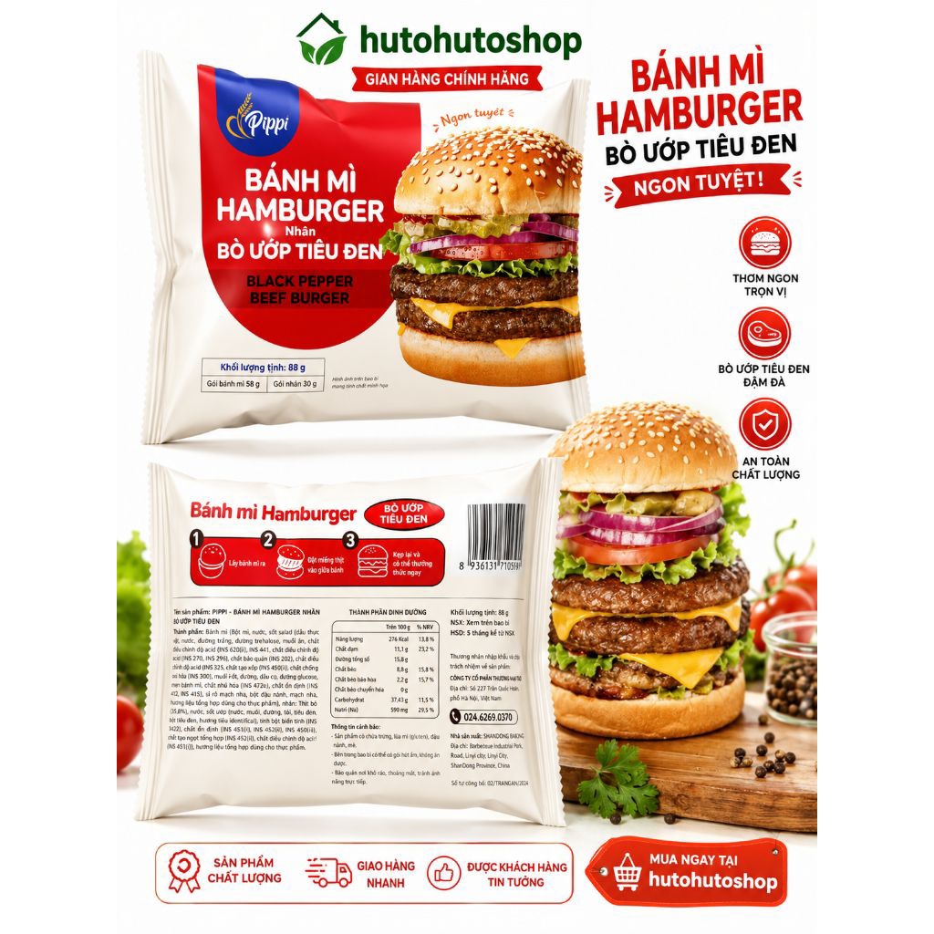Bánh Mì Hamburger Bò Ướp Tiêu Đen Pippi Tràng An 88g – Thơm Ngon, Tiện Lợi, Ăn Liền | hutohutoshop