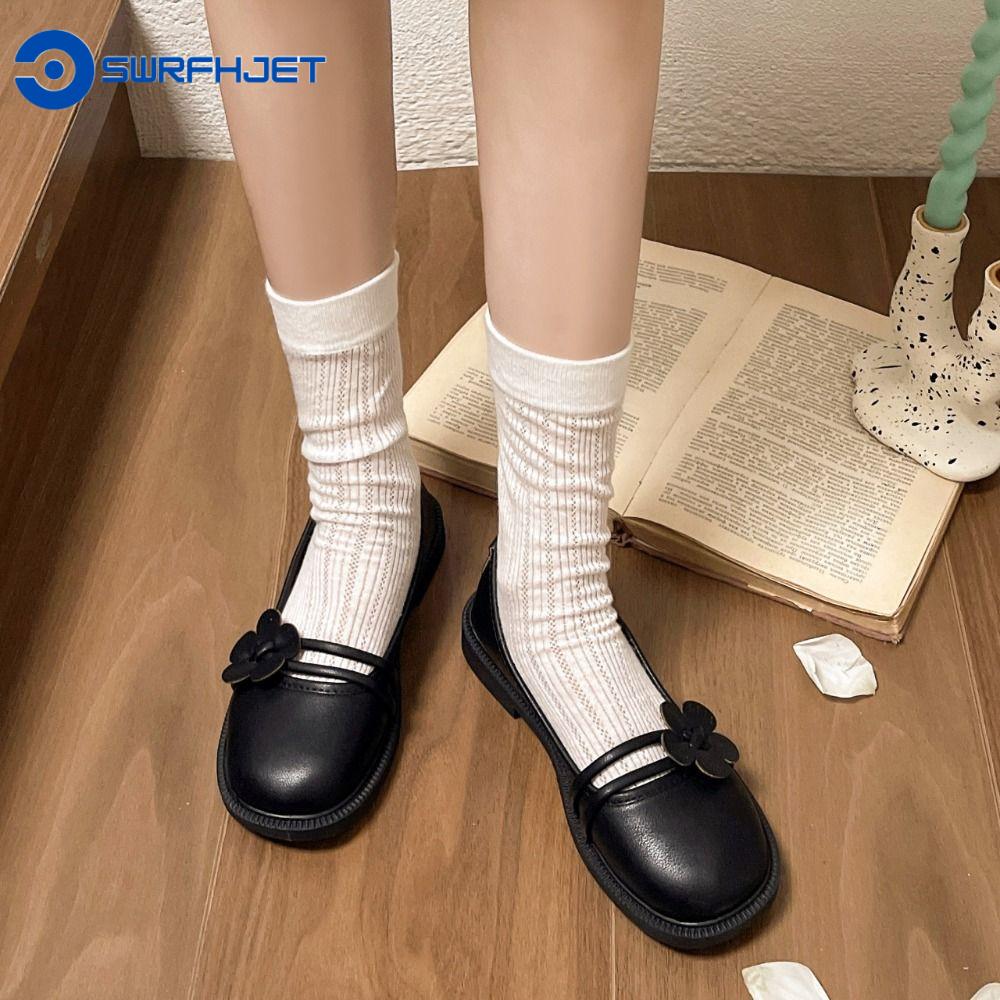 SWRFH Da PU Giày Mary Jane Bông hoa Giày gót thấp Giày bệt mũi tròn Mềm mại Phong cách Anh Pháp Giày bệt Ballerina Phụ nữ