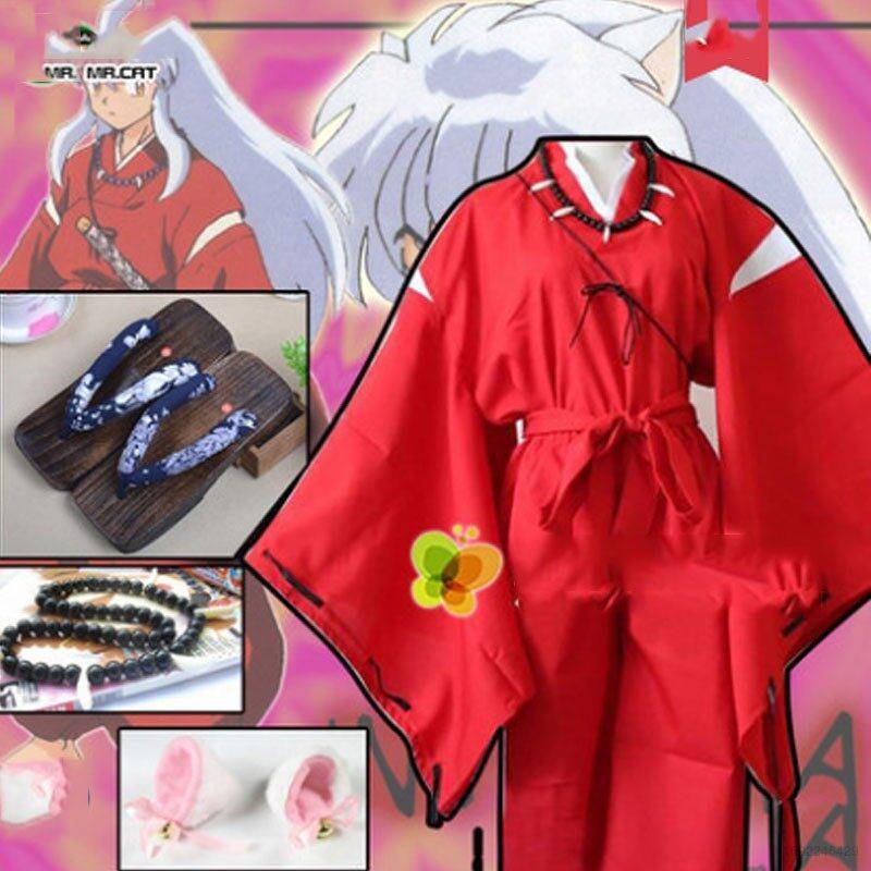 Anime Inuyasha Cosplay Costumes Wig+Shoes+Necklace+Ear Kimono Japanese for  Men Role Play Red Clothing Halloween party Full Set - AliExpress