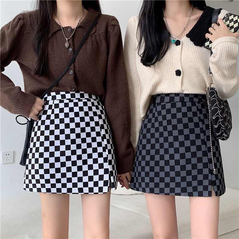 Women's Package Hip Half-body Skirt Summer New Korean Version of High-waisted Checkerboard Grid Fashionable A-line Short Skirt