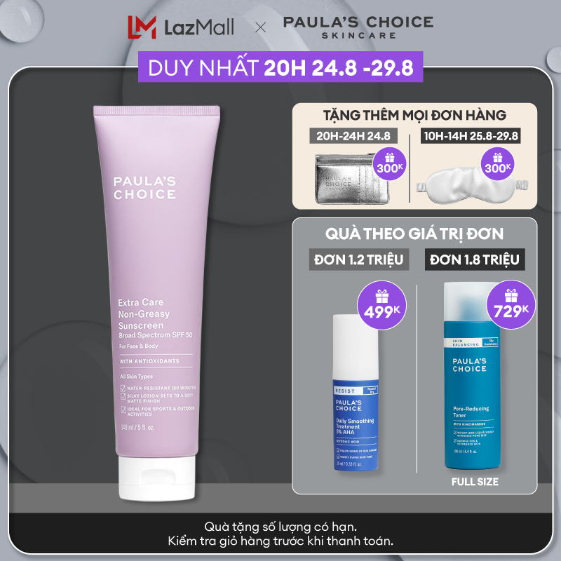Kem chống nắng cơ thể chống thấm nước đến 8h Paula’s Choice Extra Care Non Greasy Sunscreen SPF 50 148ml 2320