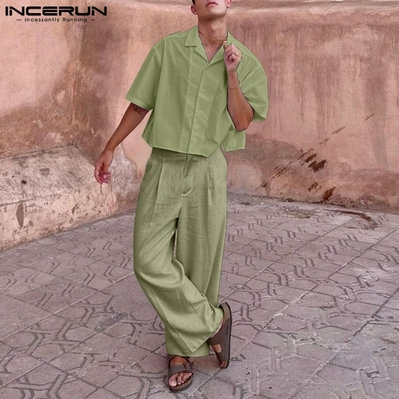 Bộ đồ hai mảnh incerun cho nam Bộ đồ quần dài ống đứng Áo Cổ LậT Tay ngắn (phong cách phương Tây) #250516