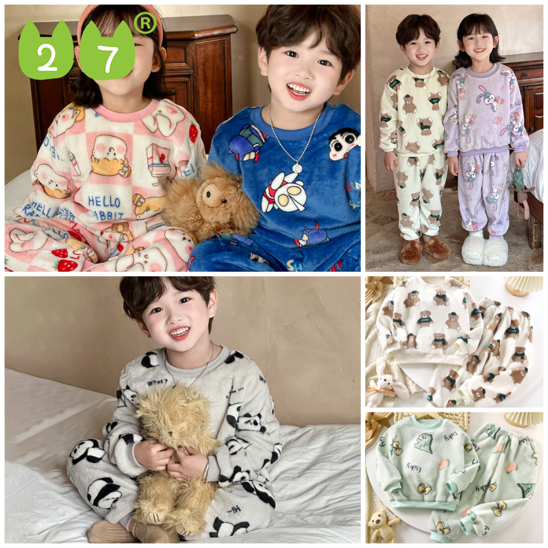 27Kids Đồ ngủ cho bé gái Bộ đồ ngủ flannel ấm áp dày mùa đông bộ quần áo bé gái in họa tiết hoạt hình dễ thương cho