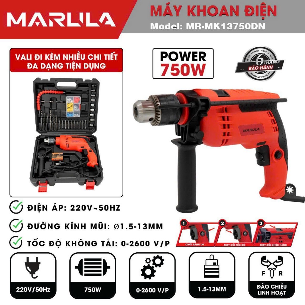 Máy Khoan điện có phụ kiện Marula 3 Chức Năng Dùng Điện 220V Khoan Lỗ Khoan Bê Tông An Toàn Cách Điệ