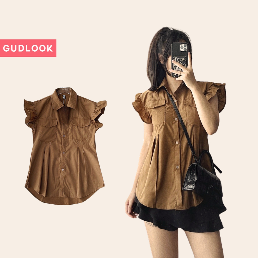 Áo Sơ Mi Nữ Cộc Tay Kiểu Vai Bèo GUDLOOK Công Sở Trẻ Trung
