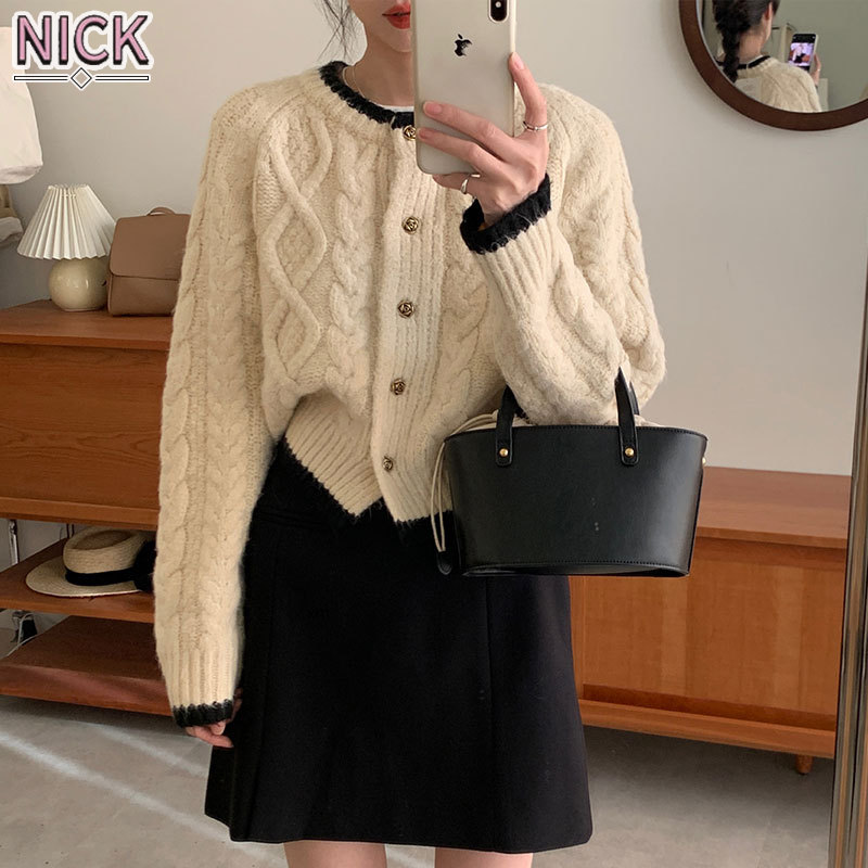 Nick Áo Khoác Cardigan Áo Len Xoắn hồng áo khoác mùa thu và mùa đông nữ áo khoác ngoài áo len dệt
