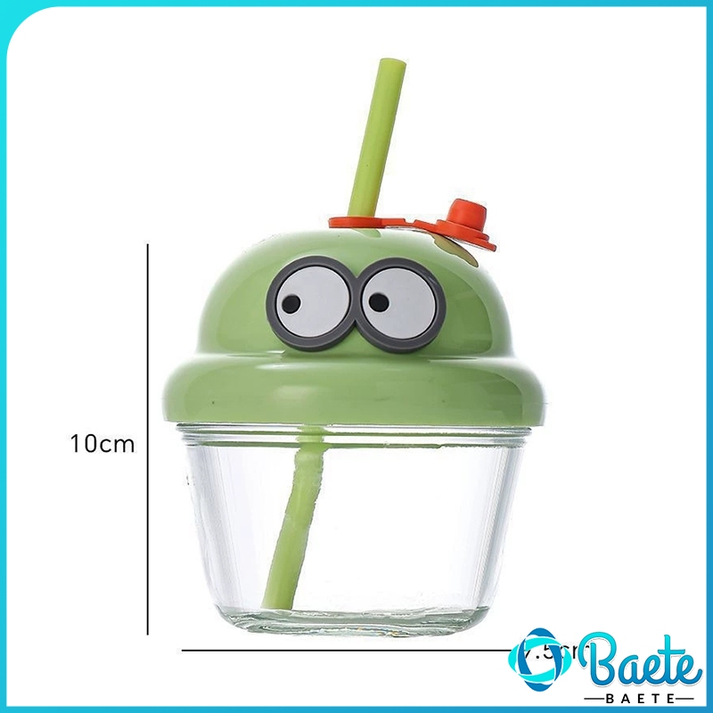 Baete 210ml Mini Glass Cup with Lid and Straw Cartoon Glass Milk Juice Cup Kids Glass Water Mug