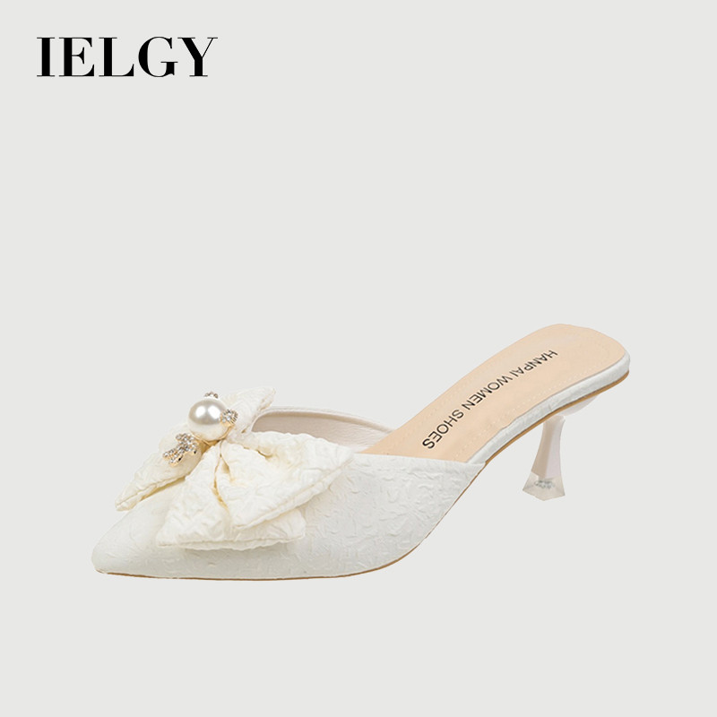 IELGY Pointed-toe Semi-slippers Women's Fashion Outerwear French Pearl Rhinestone Sandals Heels ราคา 584 บาท*ส่งฟรี