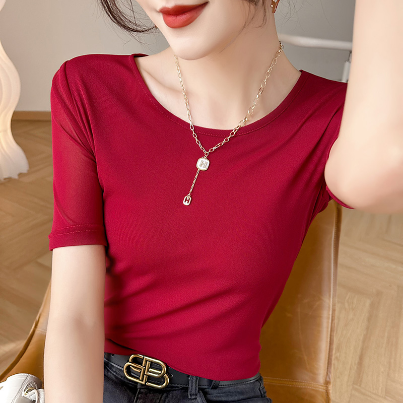 Xiu12023 Phụ Nữ Của Mùa Hè Hàn Quốc Lụa Pháp Sexy V Cổ Ngắn Tay Áo Mỏng Phù Hợp Thoải Mái Hàng Đầu Vòng Cổ Đa Năng Mỏng T-shirtc11-58