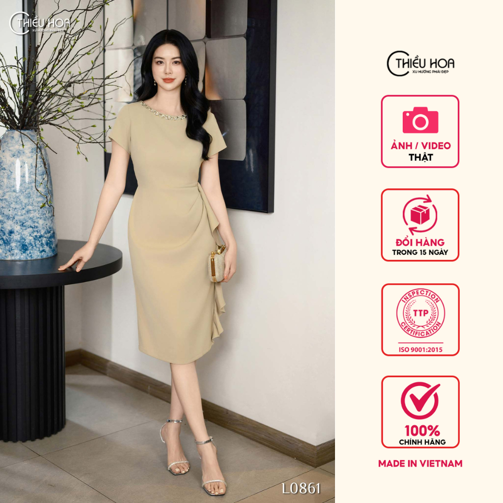 Đầm trung niên thiết kế trang nhã với chất liệu Vải chéo mịn cao cấp DD4L0861 Thời trang Thiều Hoa