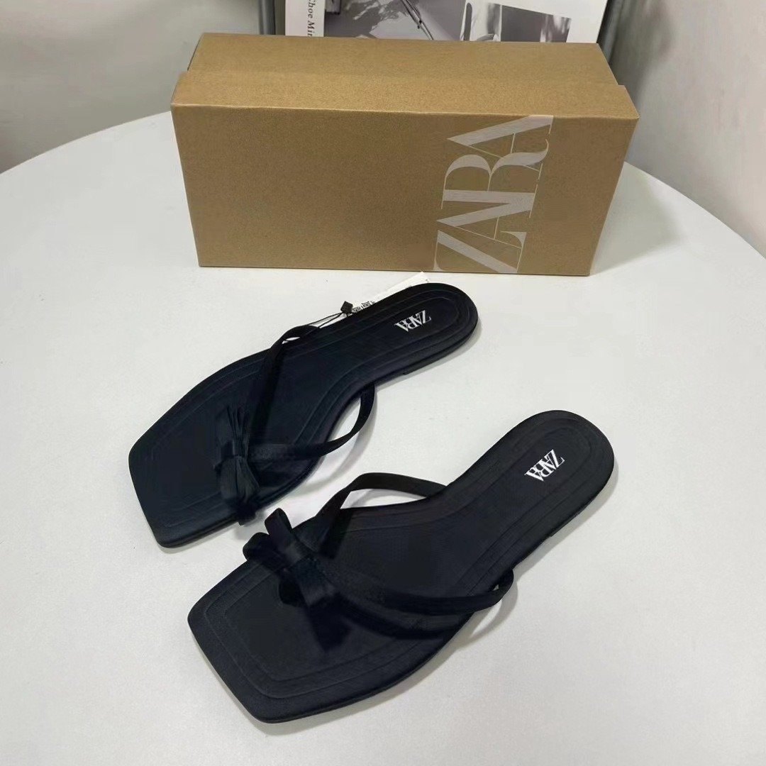 ZARAˉ 2024 Summer New Fashion Women's Shoes Black Satin Fabric Bow Clip Toe Flat Cool imported 2025 Authentic