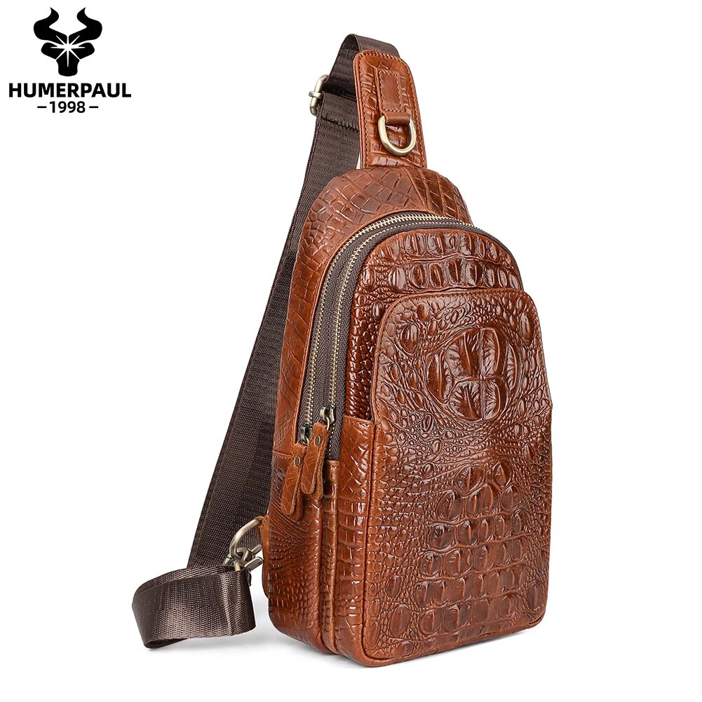 ZZOOI Cowhide Leather Male Chest Bag Crocodile Design Fashion Men's Shoulder Packs Vintage Travel Crossbody Bags with iPad Mini Pocket ราคา 1,324 บาท*ส่งฟรี