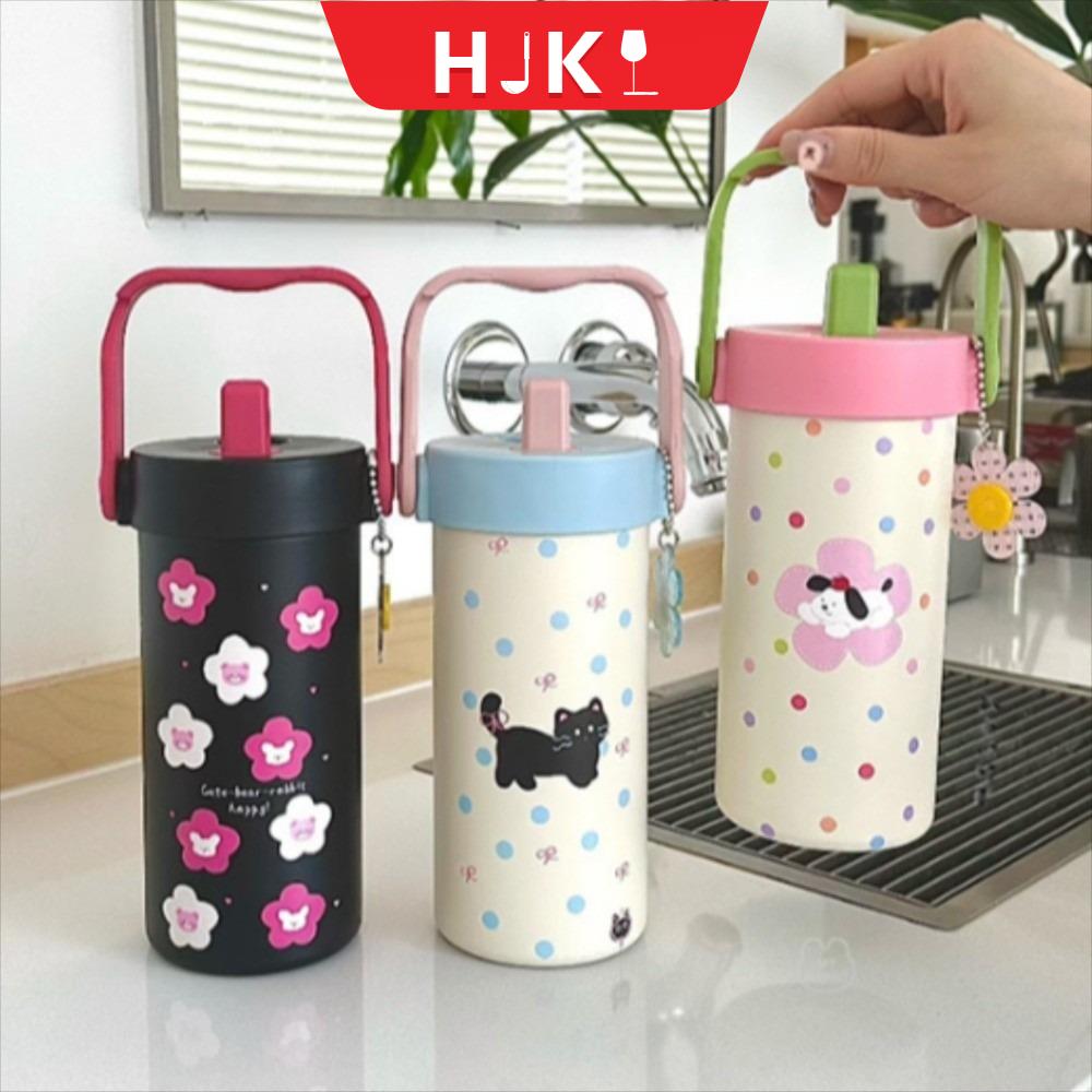 HJKL 600ml Cốc cách nhiệt di động Thép không gỉ Cốc nước Bình nước giữ nhiệt thể thao Đồ uống với ống hút Cốc giữ nhiệt hình mèo dễ thương Nước lạnh/nóng