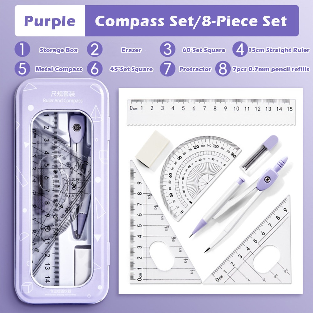 UNMEGONI 8PCS/Set Transparent Ruler Compasses Set Plastic Eraser Drawing Tool Multi-Function Set Square Protractor Students