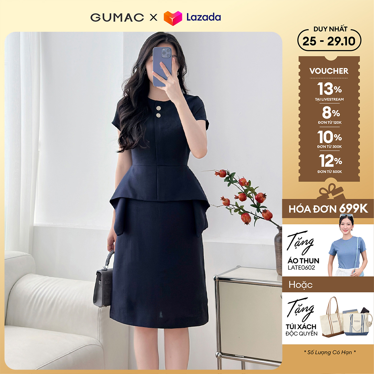 Đầm nữ peplum đính nút thời trang GUMAC DE12066