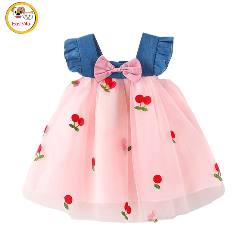 Girls Summer Princess Dress Cute Cherry Embroidered Mesh Patchwork Denim Tank Dress With Bowknot For Birthday Party ราคา 205 บาท*ส่งฟรี