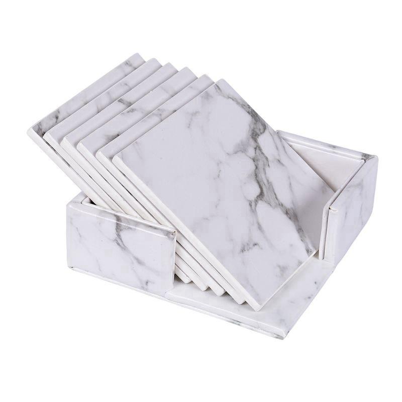 6Pcs/Set Marble Leather Square Drink Coasters Placemat Cup Mat Pad Holder Kitchen Tableware for Home Table Kitchen Decor