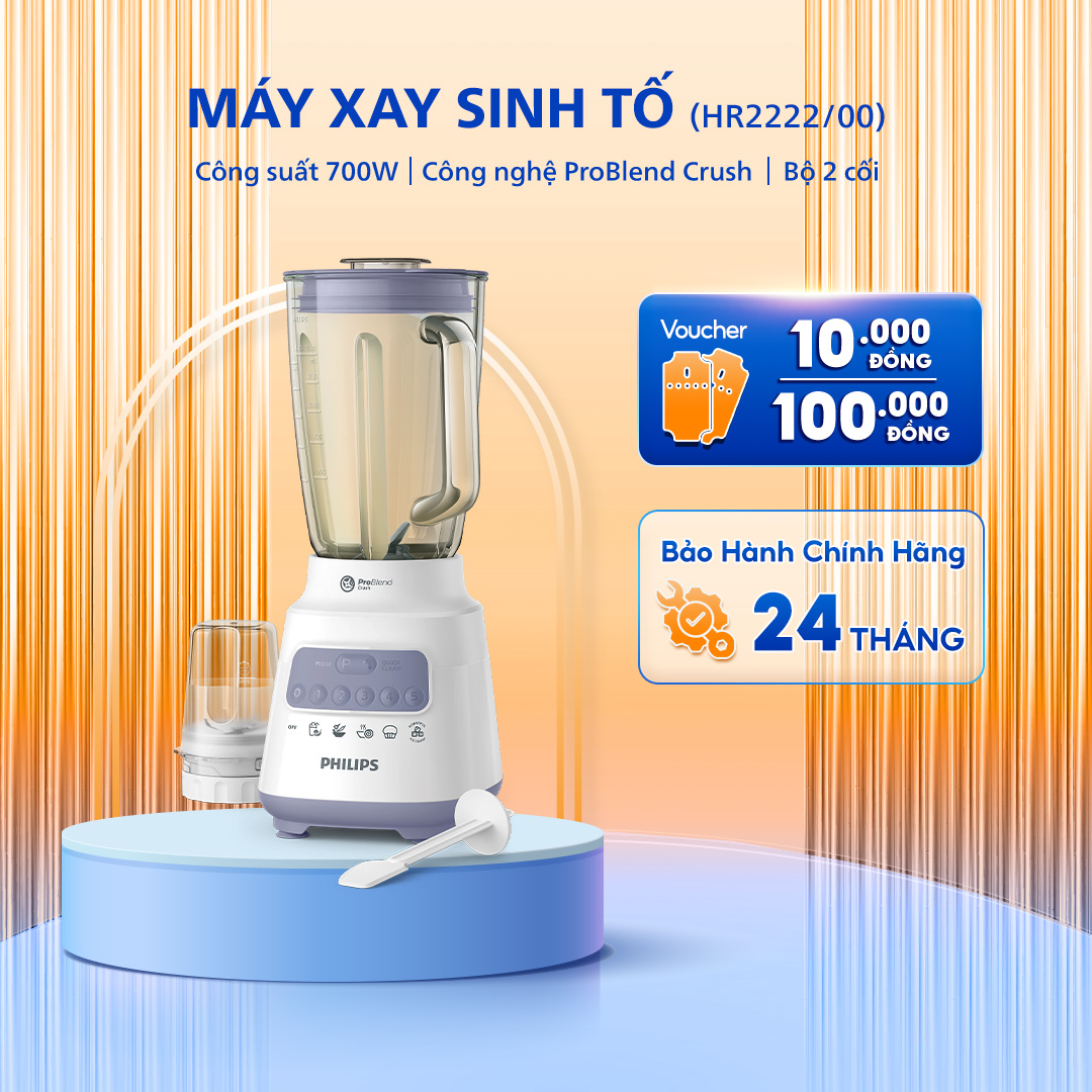 Máy Xay Sinh Tố PHILIPS HR2222/00, Bộ 2 Cối, Cối Bằng Thuỷ Tinh, Bảo Hành Chính Hãng 24 Tháng