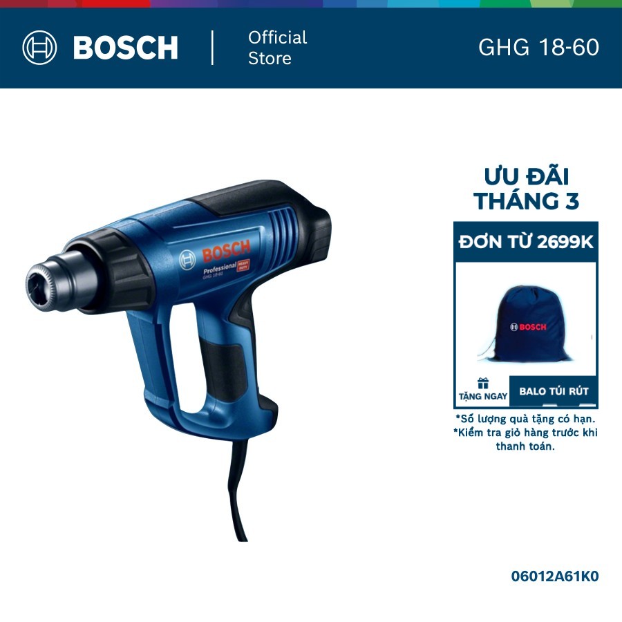 Máy thổi hơi nóng Bosch GHG 18-60 - 1800W, 3 cấp độ nhiệt, 50-600°C, kích thước nhỏ gọn