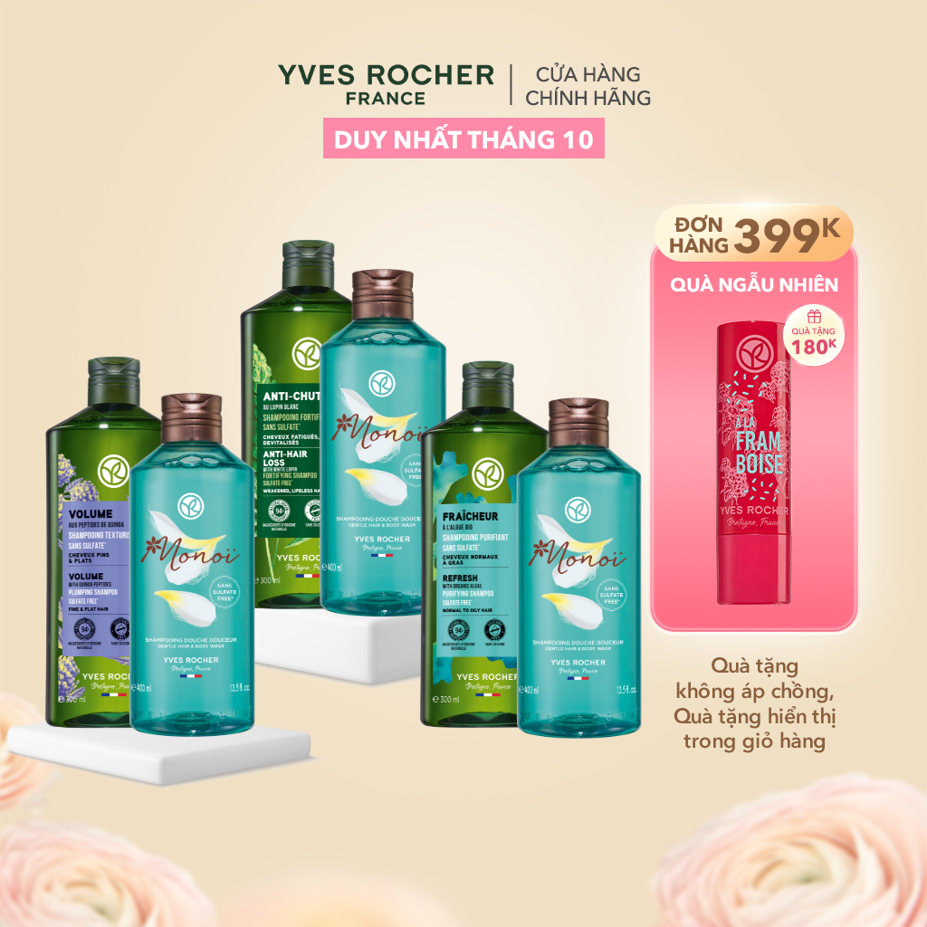 Combo Dầu Gội Không Sulfate Yves Rocher và Sữa Tắm Gội 2 Trong 1 Hương Hoa Tiaré Monnoi 300mlx400ml