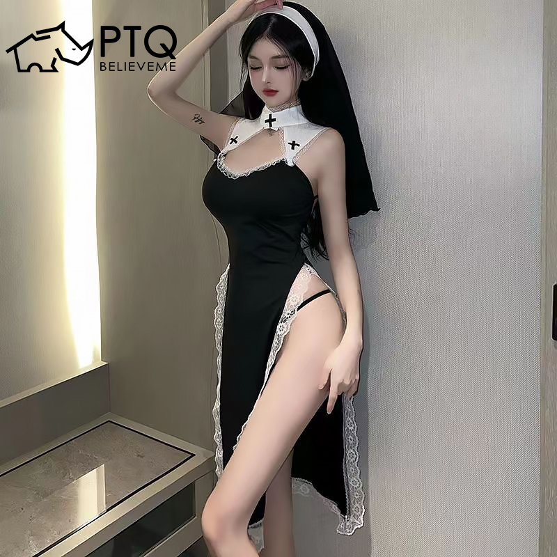 Sexy LingerieFor Women Cosplay Nun Costume Hollow Out Skirt Set PTQ