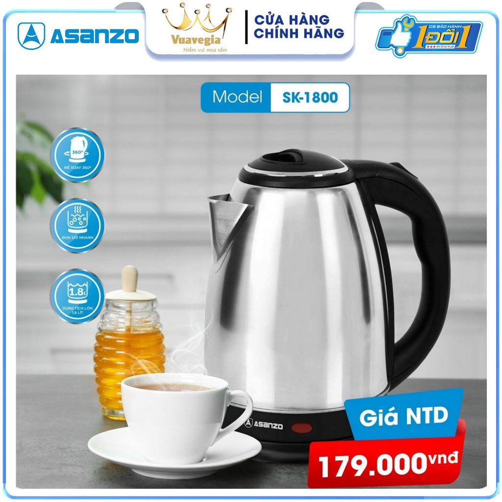 BÌNH ĐUN SIÊU TỐC 1.8L ASANZO SK-1800 (INOX) HÀNG CHÍNH HÃNG BẢO HÀNH 12 THÁNG