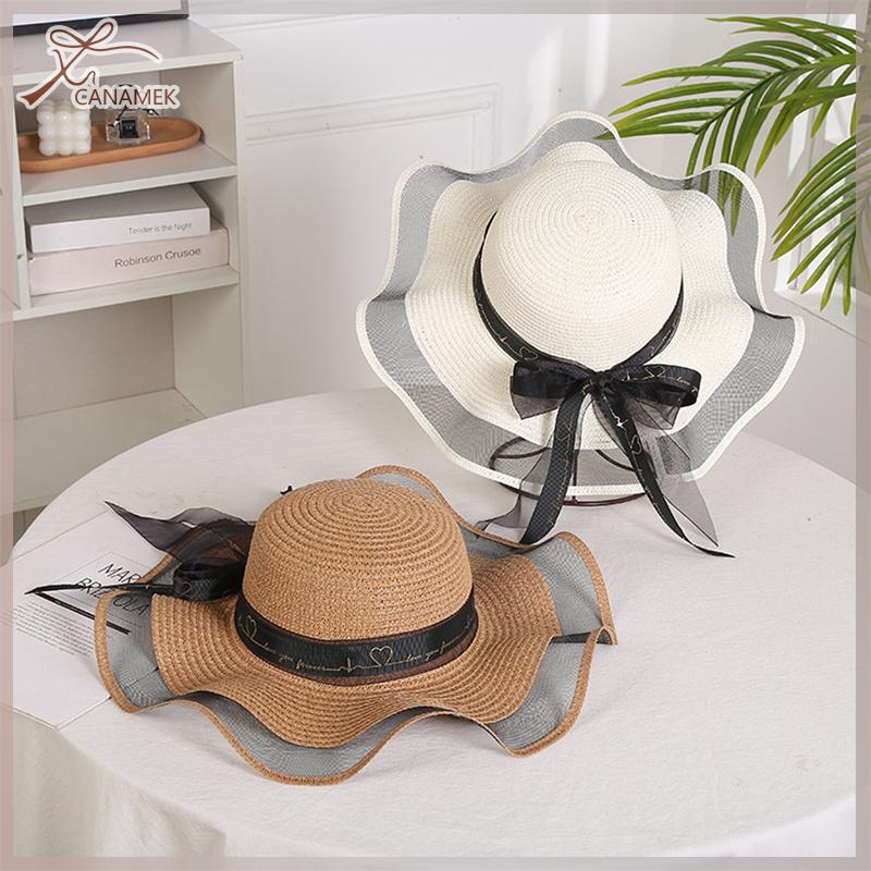 ❤❤❤Hot Sale CANAMEK Có thể gập lại vành lớn phụ nữ Mũ Rơm Mũ mặt trời Bowknot thời trang thanh lịch Mũ bãi biển