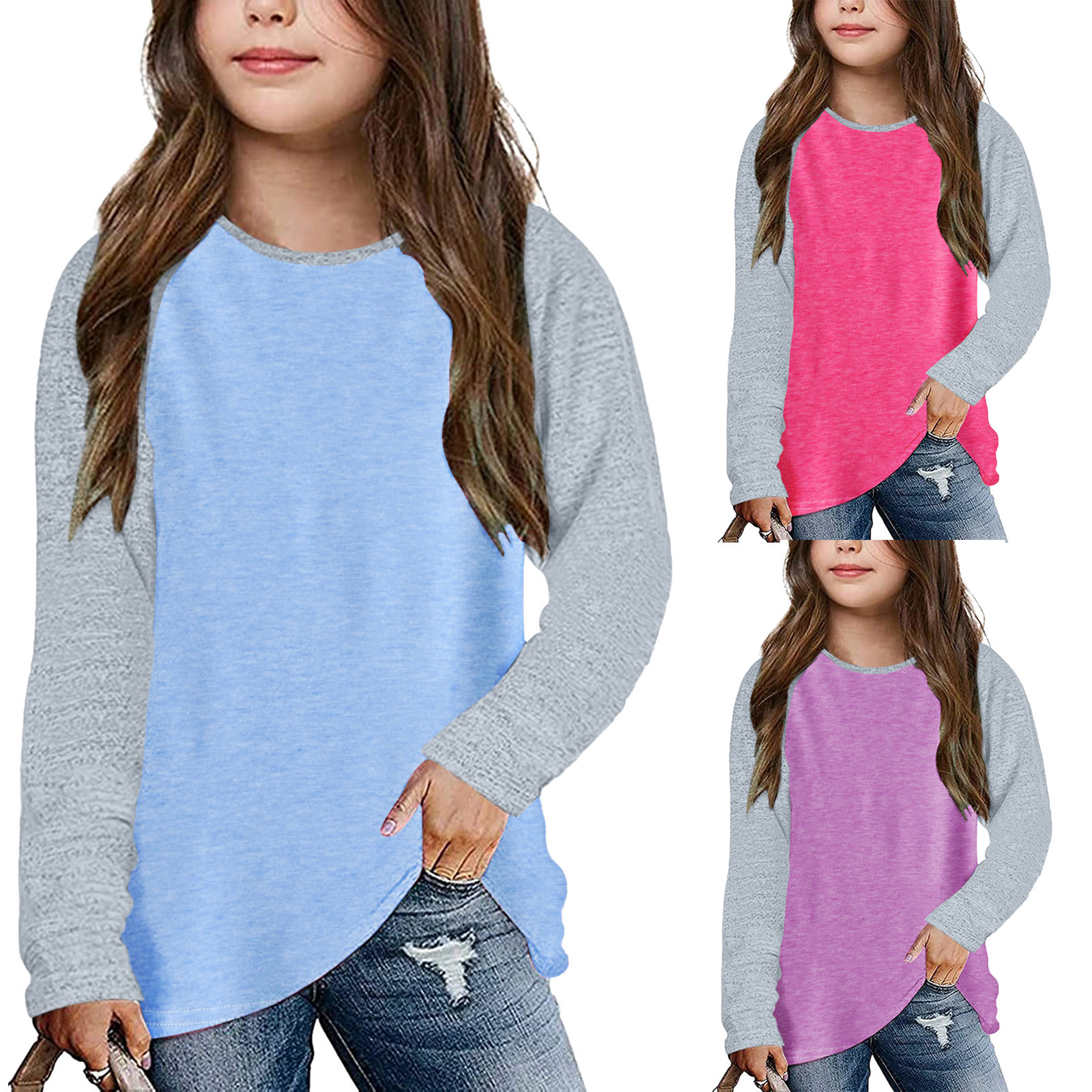Cô Gái Nhỏ Giản Dị tay áo dài tay áo raglăng T Áo Sơ Mi Crewneck áo dáng dài Trẻ Em Teen kiểu Color Block Tee Áo Cánh quần áo mùa thu Trẻ Em Cô Gái Tops 4T Áo sơ mi bé gái