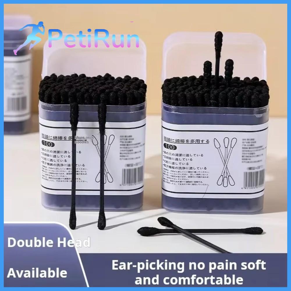 PETIRUN 100Pcs Đen Tăm bông dùng một lần Mềm mại Hình dạng xoắn ốc Dụng cụ làm sạch tai  Hai đầu Tăm bông trang điểm Dụng cụ chăm sóc da đẹp