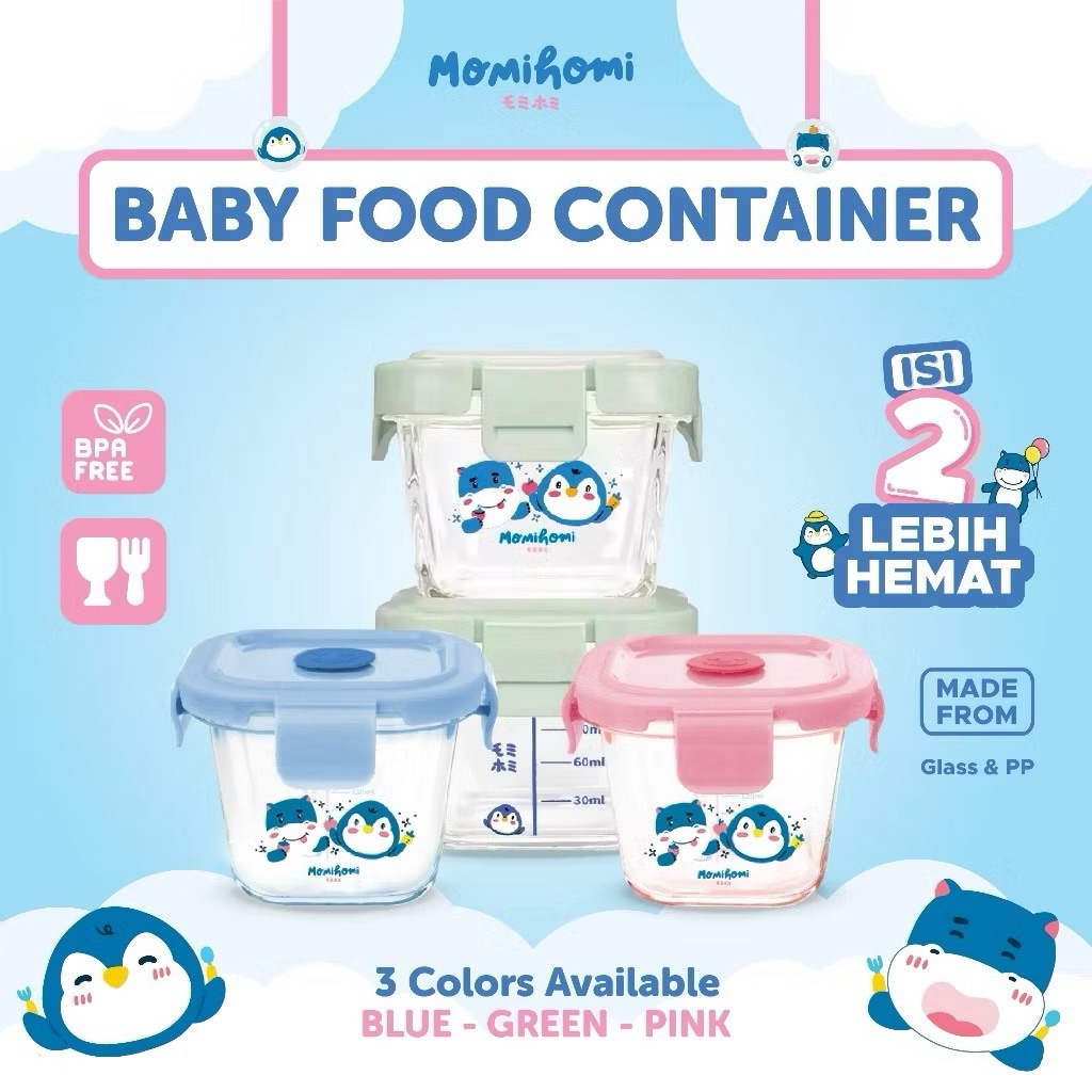 MOMIHOMI GLASS FOOD BABY CONTAINER 140ML PERSET 1PCS ATAU 2PCS / WADAH KACA MAKANAN MPASI BAYI