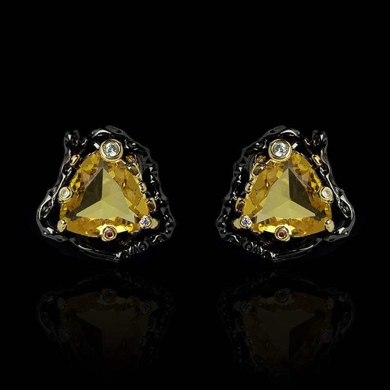 Bông tai đá Zircon tam giác màu vàng tinh tế Bông tai hai tông màu đen sành điệu trang sức tiệc bông tai tiệc tùng nữ bắt mắt