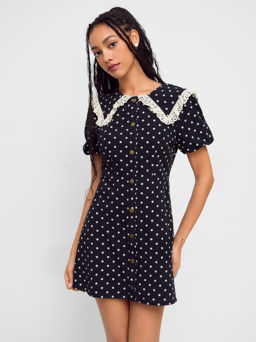Cider Cotton-blend Collar Polka Dot Lace Trim Mini Dress ราคา 1,239 บาท*ส่งฟรี