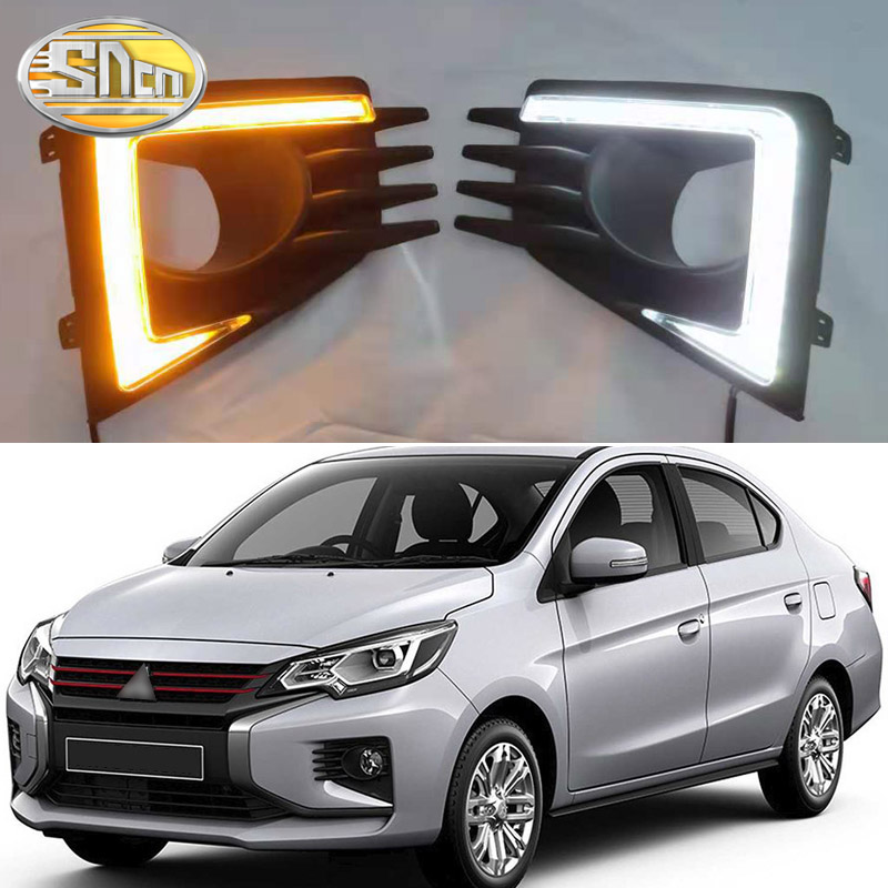 Sncn 2 cái đèn pha chạy đèn Led ban ngày 12V cho xe hơi cho Mitsubishi Mirage 2020 Đèn ban ngày năng động đèn sương mù DRL tín hiệu màu vàng cho xe hơi