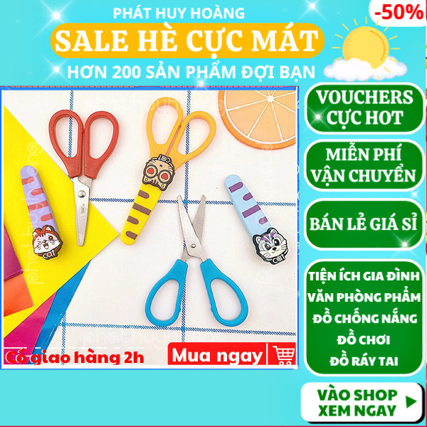 Kéo học sinh mini có nắp đậy an toàn hoạt hình dễ thương, kéo cắt giấy cute có nắp đậy, kéo nhỏ mini cho học sinh, kéo nhỏ có nắp học sinh cấp 1, kéo học sinh nhỏ bỏ túi, đồ dùng học tập, Phát Huy Hoàng
