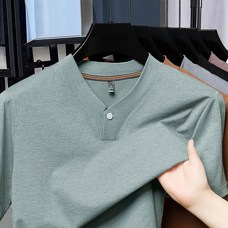 Mùa hè tinh khiết nam vải cotton của Breathable v-cổ Áo thun tay ngắn cho trung niên và những người trẻ tuổi, màu trơn thường đàn hồi tay lỡ linh hoạt hàng đầu mà không cần ủi