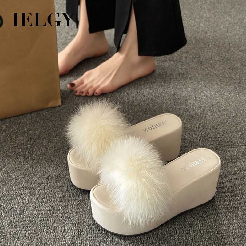 IELGY Women's new wedge-heeled furry slippers niche thick-soled high-heeled slippers [Shoe size is one size smaller]