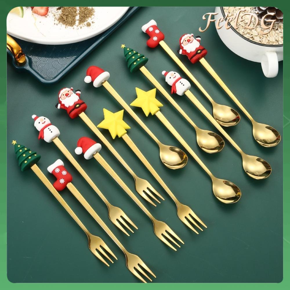 FEELDG 4/6pcs Thép không gỉ Bộ nĩa muỗng Giáng sinh vui vẻ Vàng bạc Nĩa tráng miệng Sáng Tạo Tinh tế Bộ đồ ăn Quà sinh nhật