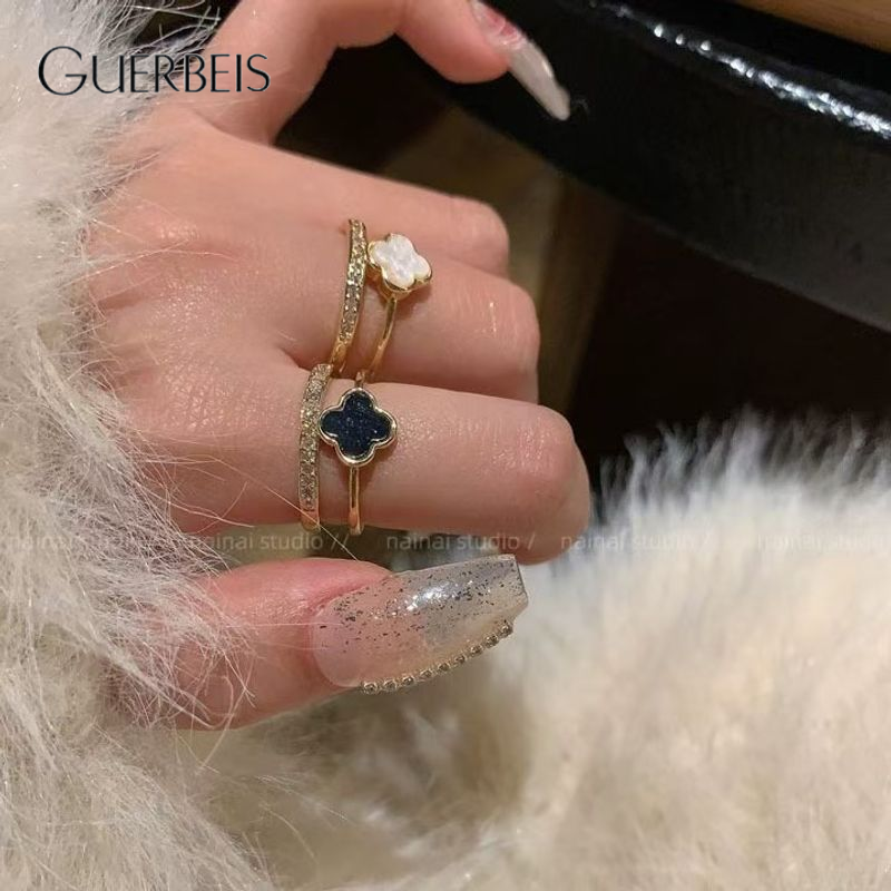 GUERBEIS Elegant Double Layer Clover Ring with Floral Design, Sparkling Open Adjustable Ring for Women and Men, Fashionable INS Style Jewelry ราคา 22 บาท*ส่งฟรี