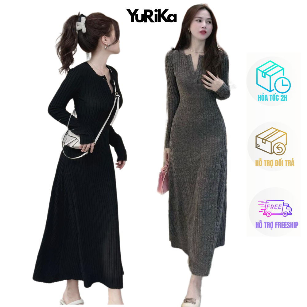 Đầm dài nữ công sở trẻ trung nút cài YuRi 2018 - Đầm nữ Maxi tay dài thun gân đũa