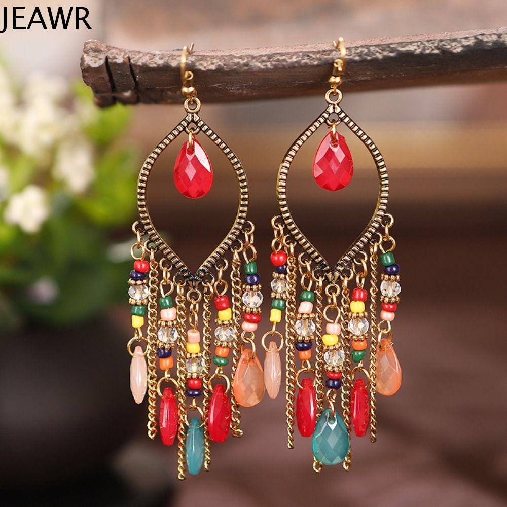 JEAWR Thiểu Số Cá tính Phụ kiện trang sức Phong cách dân tộc Quà Tặng Bông tai lủng lẳng Bông tai đám cưới phóng túng Bông tai tua rua dài Hạt pha lê Bông tai thả cho nữ