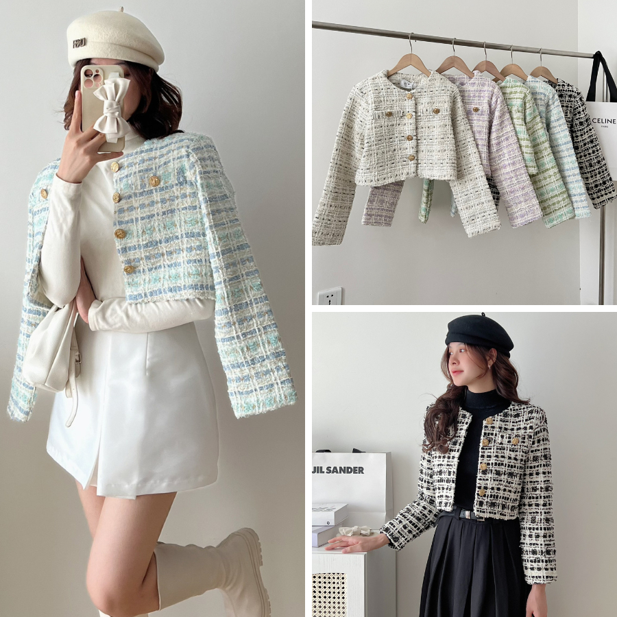 Áo khoác dạ tweed cardigan nữ croptop kẻ caro cổ tròn dáng ngắn, áo dạ tweet dày dặn khoác ngoài dáng ngắn croptop