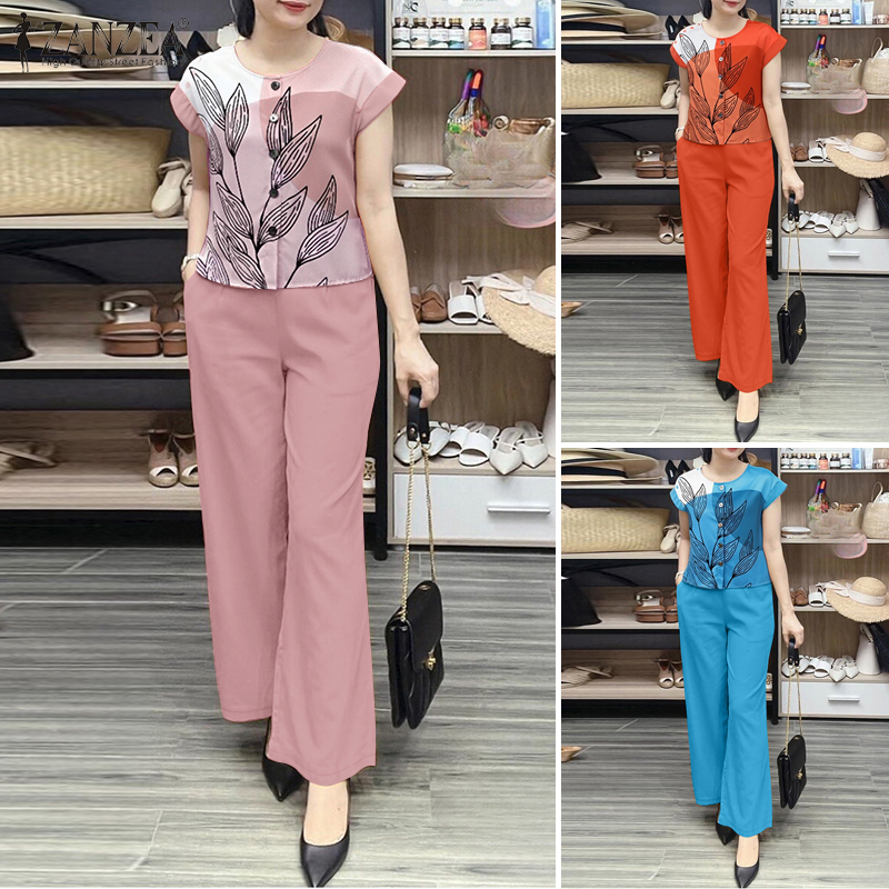 Esolo ZANZEA Women Elegant Retro Suits Short Sleeve Crew Neck Top Ankle Length Trousers Daily Sets #0310 ราคา 400 บาท*ส่งฟรี