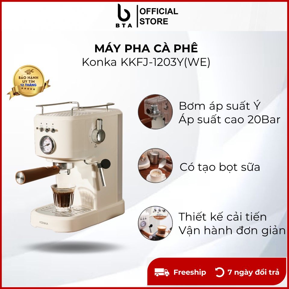 Máy pha cà phê espresso Konka KKFJ-1203Y, thiết kế mới cải tiến, pha cà phê bột, đánh bọt sữa, bảo hành 12 tháng