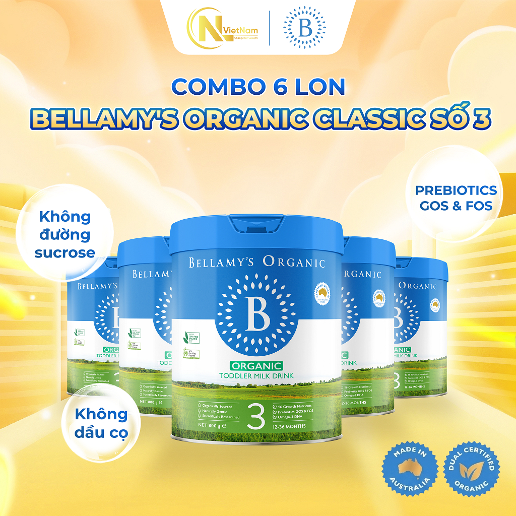 (Kèm quà) Combo 6 lon Sữa Hữu Cơ Bellamy's Organic Classic 2.0 Số 3 800g