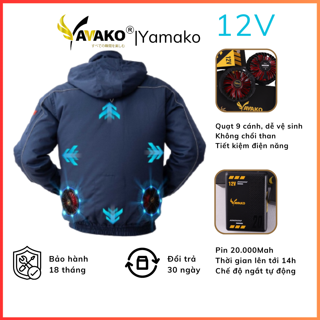 Áo điều hoà quạt gió áo điều hòa nhật bản yamako, áo quạt điều hoà 9 cánh không chổi than, không tiếng ồn màu xanh than