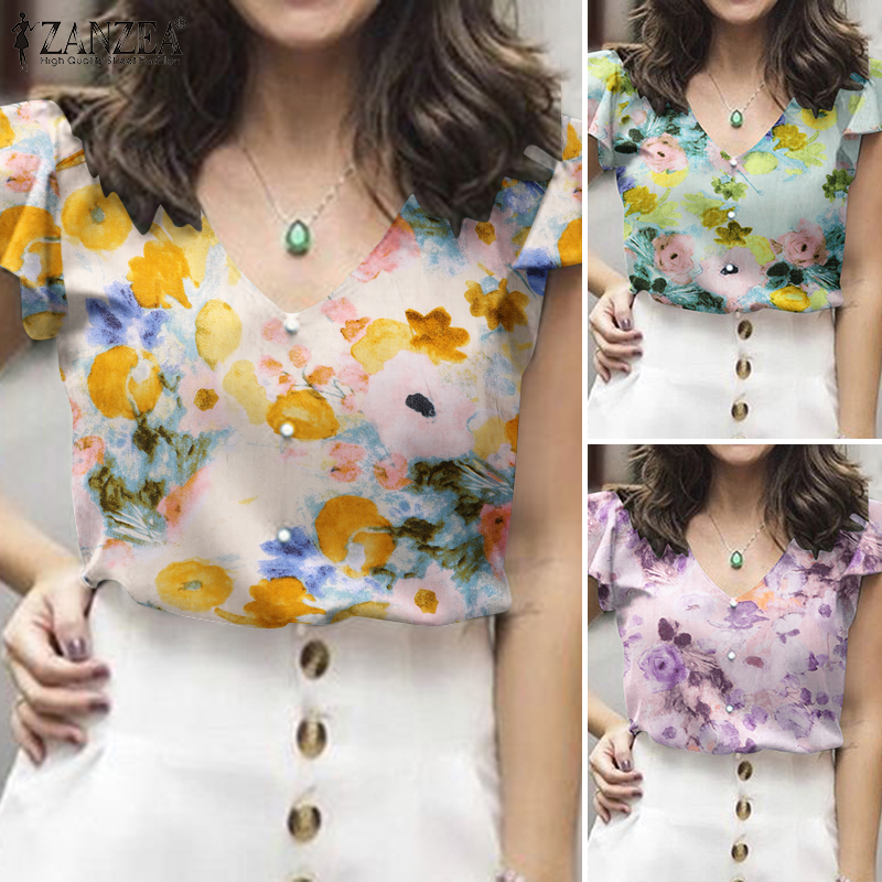 Esolo ZANZEA Womens Short Sleeve Pullover Floral Print T-shirts V-Neck Blouse Top Ladies Tunic Plus Size #15 ราคา 177 บาท*ส่งฟรี