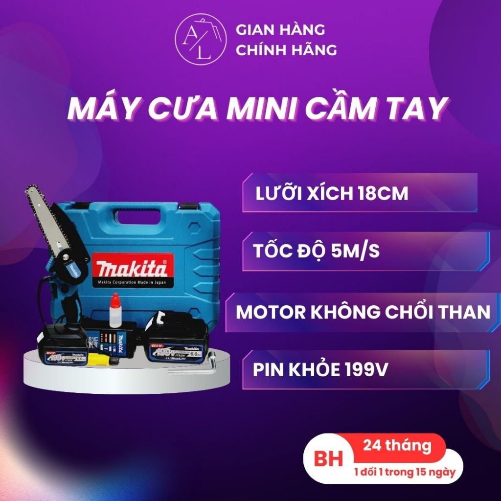 Máy cưa xích Makita 199V Lam xích dài 18cm , lõi đồng 100% - Bảo hành 24 tháng