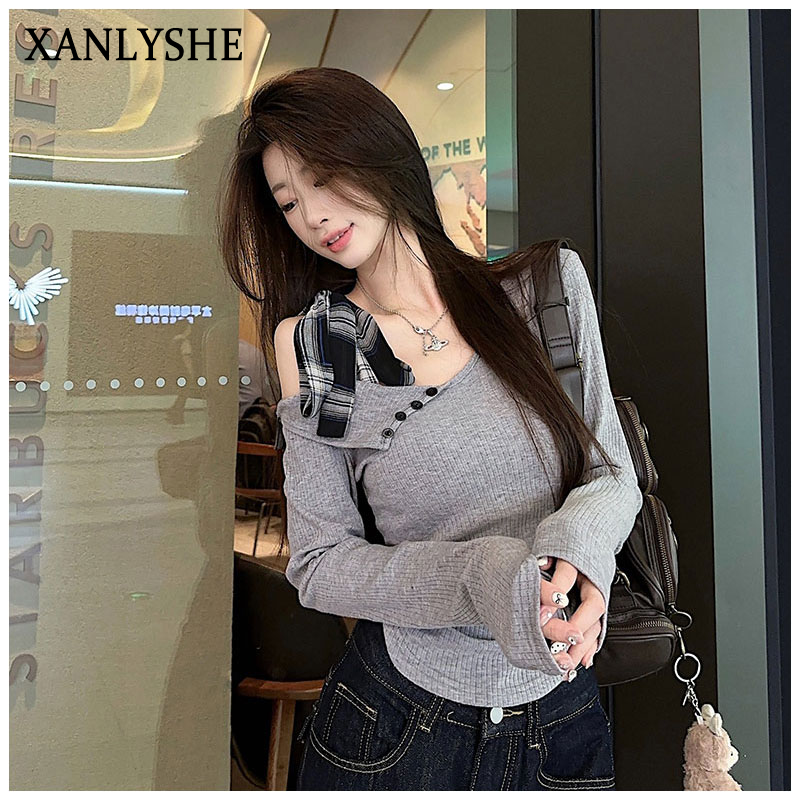 XANLYSHE เสื้อยืดแขนยาวผูกโบว์ออกแบบเสื้อเปิดไหล่ทรงเข้ารูปไม่สม่ำเสมอสำหรับผู้หญิง ราคา 133 บาท*ส่งฟรี
