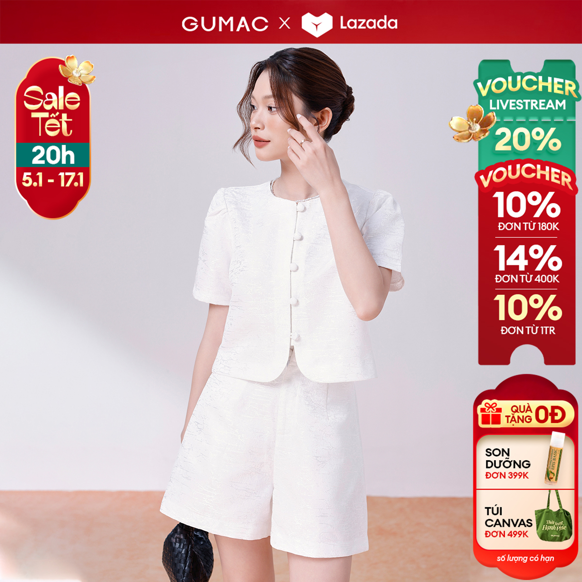 [TRỢ GIÁ |Voucher 10-14%] Set lẻ Áo lửng tay phồng thời trang GUMAC AE08039 - Quần Short phối bản lư